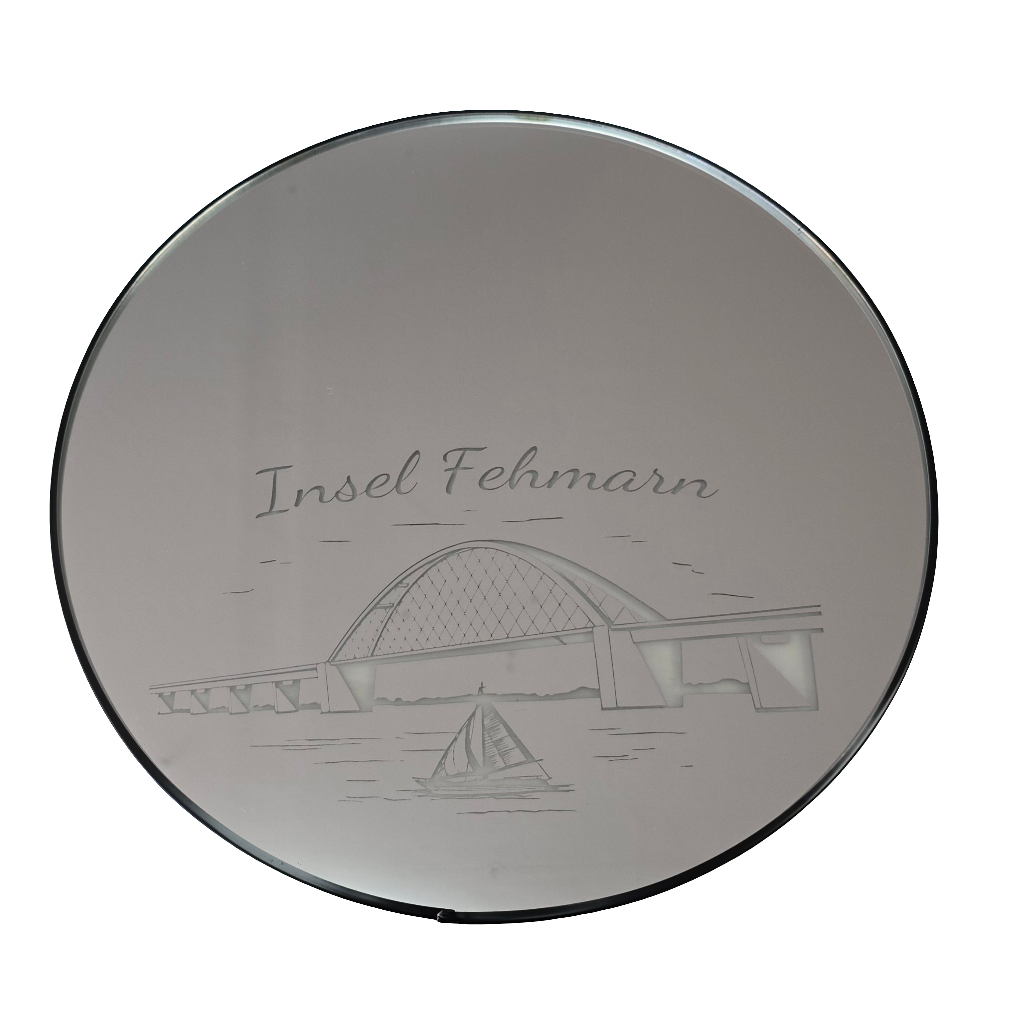 Spiegel rund | Brücke mit Boot | Gravur groß