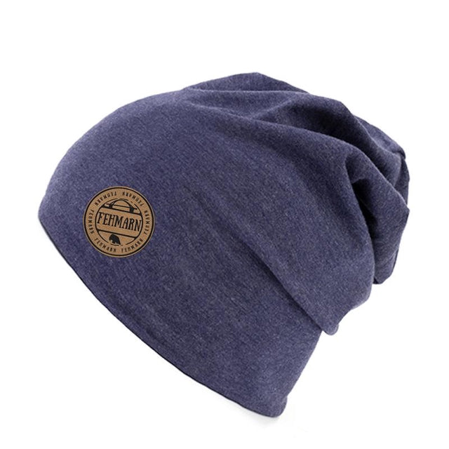 Beanie Mütze mit Fehmarn Patch blau meliert