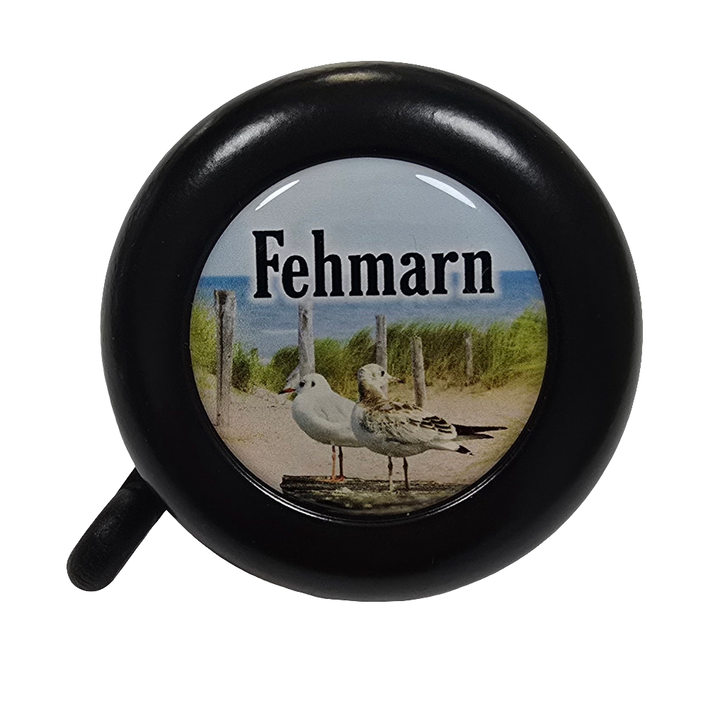 Fahrradklingel mit Möwenmotiv und Fehmarn-Schriftzug - vom Lieblingsinsel Shop
