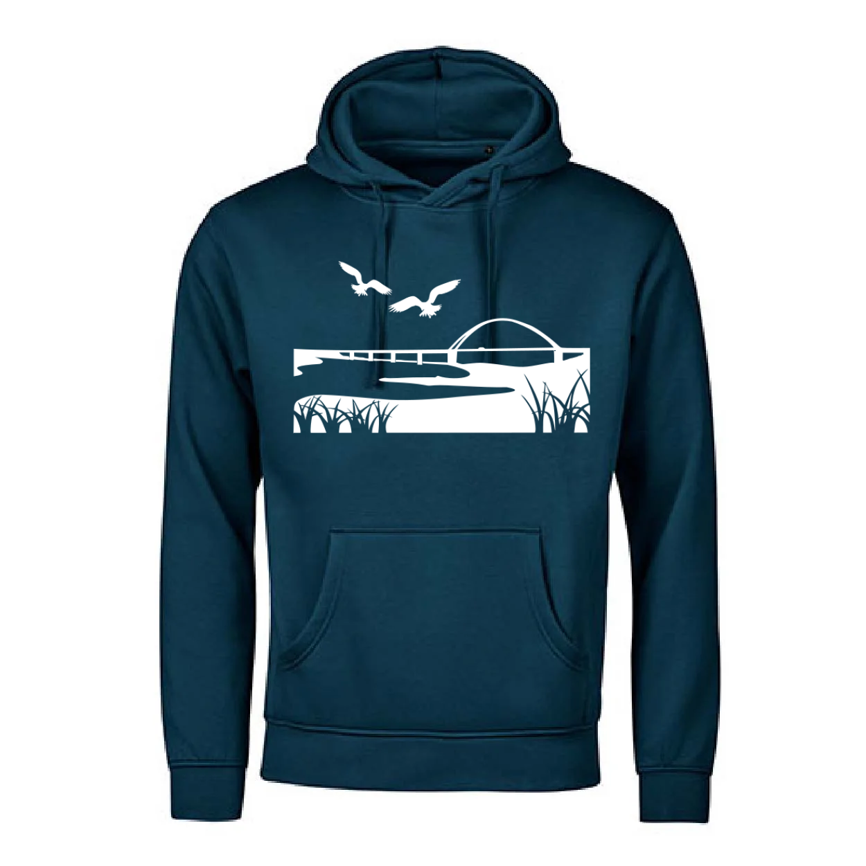 Hoodie mit Motiv der Fehmarnsundbrücke, Dünen und Strandgras und fliegenden Möwen - maritimes Fehmarn-Design vom Lieblingsinsel Shop