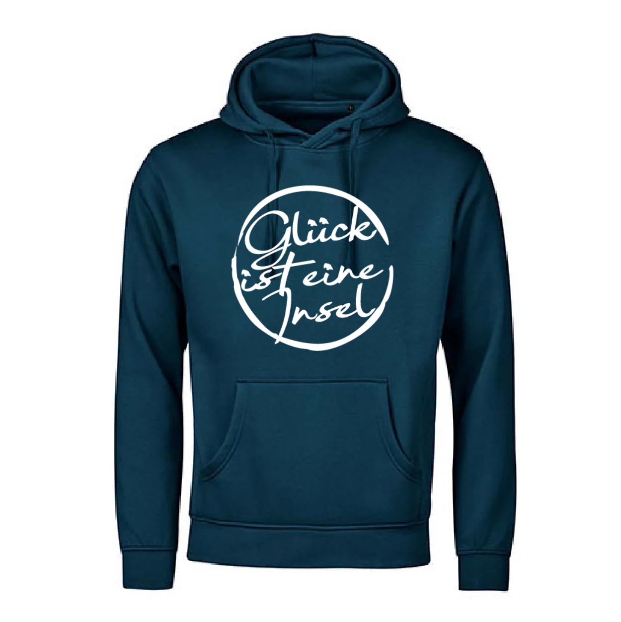 Hoodie mit Schriftzug "Glück ist eine Insel" - modernes Fehmarn-Design mit Stilisierten Inselpunkten über dem I und Ü, liebevoll gestaltet im Lieblingsinsel Shop